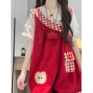 童趣格纹背带短裤女叠穿娃娃领上衣两件套